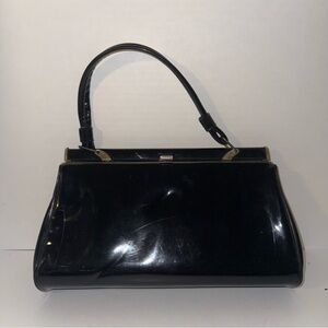 VINTAGE 80s patent leather chic luxury clasp closure Black Handbag